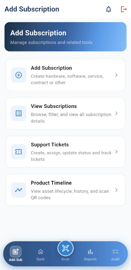 Tracker365 mobile app — Add Subscription screen